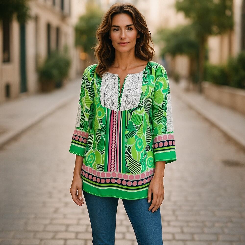 crown & ivy Womens Blouse Size Small Pink Navy Green White Lace Peasant Preppy - Picture 1 of 10